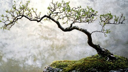 Fototapeta premium Small bonsai tree on mossy rock near waterfall.