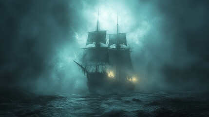 Old ship in the sea at night with fog. Fantasy illustration background.