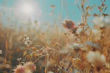 Colorful wild flowers in a field on a sunny day, focus on one flower. AI generative