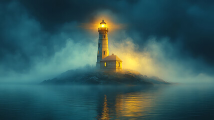 Lighthouse on the sea at night. Fantasy illustration background.