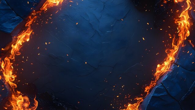 Blue Stone Texture Background with Fiery Flames and Sparks, Thumbnail background, bg