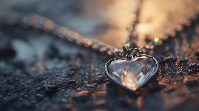 Close-up of a heart-shaped pendant on a silver chain, softly lit digital - Powered by Adobe
