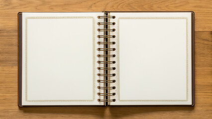 Workplace diversity teamwork perspective concept. Open notebook with blank pages resting on a wooden surface, inviting creativity and ideas.