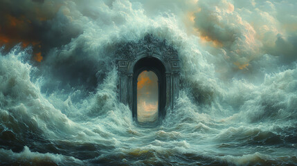 An ancient door in a stormy sea. Fantasy illustration background.