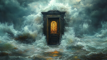 Fantasy landscape with a door in the middle of a stormy sea. Fantasy illustration background.