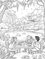 Children's picnic scene, forest, waterfall, relaxing