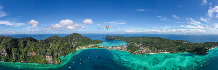 high angle view Panorama of Phi Phi Island, Phuket Province during the high season in Thailand.