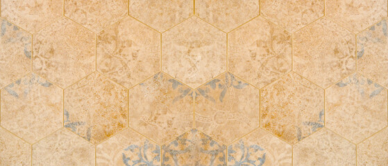 Old gray brown worn vintage shabby damask patchwork hexagonal hexagon motif tiles tile mosaic stone concrete cement wall texture background banner