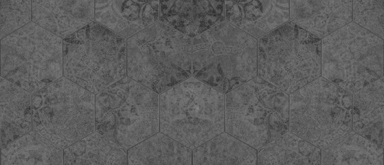 Old gray grey anthracite black worn vintage shabby damask patchwork hexagonal hexagon motif tiles tile mosaic stone concrete cement wall texture background banner