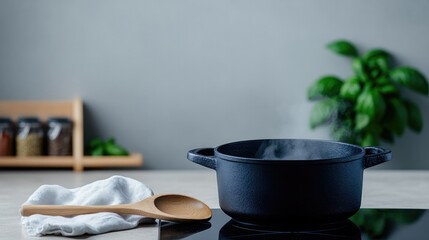 Black pot on stove with steam, wooden spoon beside, minimalistic