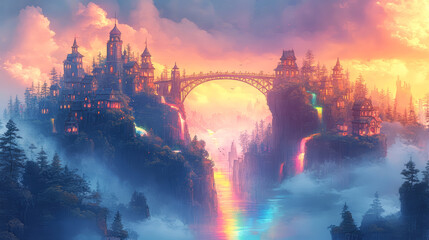 Magic Fairy Tale Landscape with Castle and bridge in the fog. Fantasy illustration background.