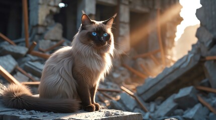 A stunning Balinese cat with silky fur and piercing blue eyes sits elegantly amid the ruins, bathed in golden sunlight. The contrast between its beauty and the destruction creates a striking scene.