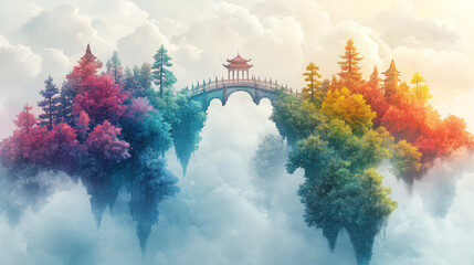 Landscape with Chinese bridge in the clouds. Fantasy illustration background.