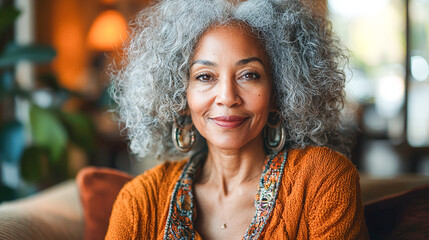 black woman with curly grey hair on sofa
