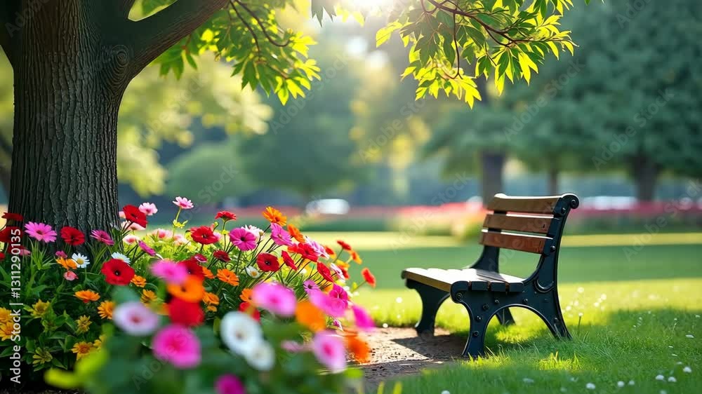 Poster a bench is in a park with a tree behind it. the bench is black and there are flowers in the backgrou