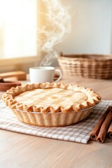 Warm pie emits steam, set on cozy table with rustic elements and