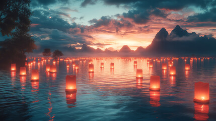 Lanterns in the sea at sunset. Fantasy illustration background.
