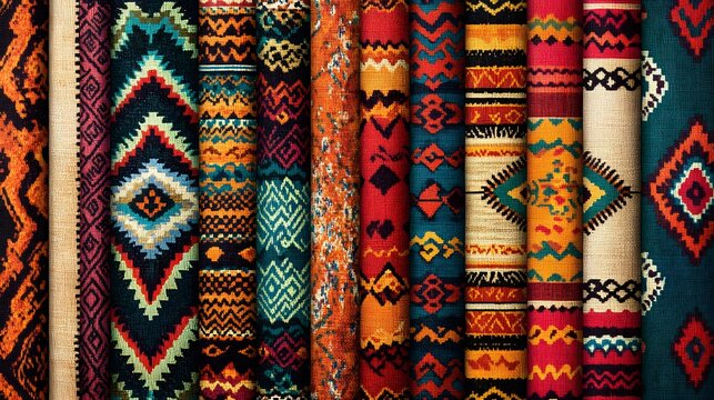 Colorful textiles displaying native american and ethnic inspired geometric designs