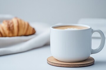 Warm coffee cup beside freshly baked croissant on soft backgroun