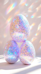 Glittery easter eggs stacked on white surface, prism light background