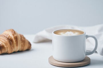 Warm cup of coffee beside flaky croissant on soft white cloth ba