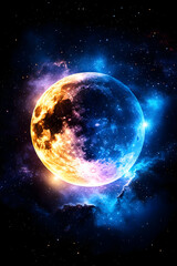 Obraz premium Glowing celestial orb floating amidst colorful nebula in deep space