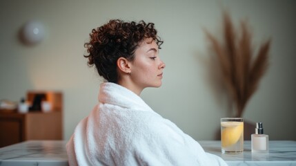 Relaxing moment captured with serene expression, cozy robe, and