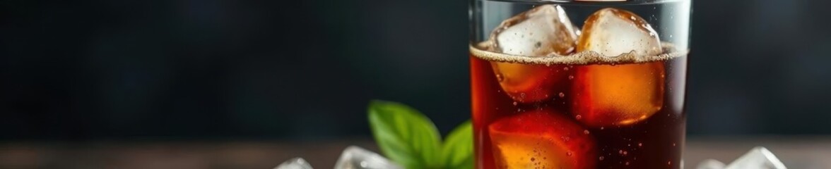 Cold brew coffee in glass bottle, ice cubes visible, iced coffee, delicious, dark background