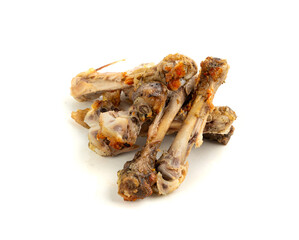 Chicken Leftovers, Unfinished Grilled Chicken on Dirty Plate Isolated, Meat Pieces and Bones after Dinner