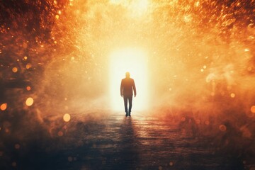 Obraz premium Man Walking Towards a Bright Glowing Portal in a Dreamlike Atmosphere Filled with Light and Mystery