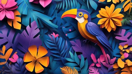 Naklejka premium Vibrant toucan amidst colorful paper flowers and leaves.