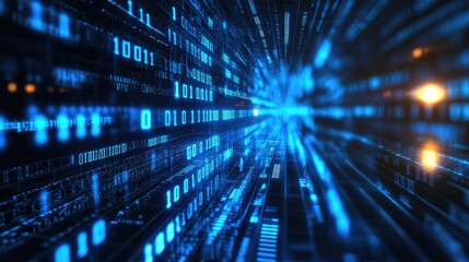 Obraz premium Digital Data Flow: A mesmerizing display of binary code streams, illuminated in vibrant blue light, suggesting the dynamic exchange of information within a sophisticated digital network.