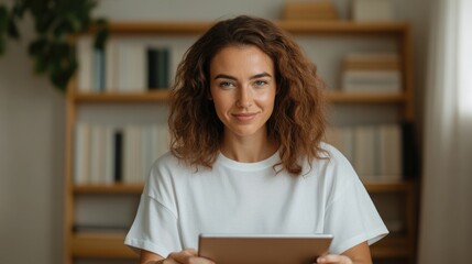 Smiling woman holding tablet in cozy room with bookshelves and p