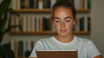 Focused young woman engaged in study with tablet, books in backg
