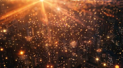 Obraz premium Panorama of the city with golden shining glowing particles 