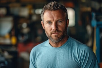 Fototapeta premium authentic portrait of 45 years old European or caucasian man in blue t-shirt in the garage, lifestyle, car service