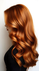 Obraz premium Vibrant copper hair cascades in soft waves showcasing a stylish look against a neutral background