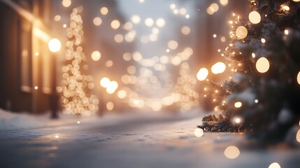 Christmas street view adorned with lights and snow covered trees