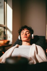 Relaxed individual enjoying soothing music, wrapped in soft blan