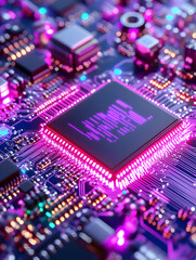 Glowing processor illuminates circuit board, showcasing intricate technology design