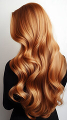 Naklejka premium Perfectly styled long wavy copper hair flowing elegantly down the back of a person on a neutral background