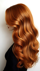Naklejka premium Beautiful long wavy hair with shiny auburn color displayed on a mannequin in a hair salon or studio setting