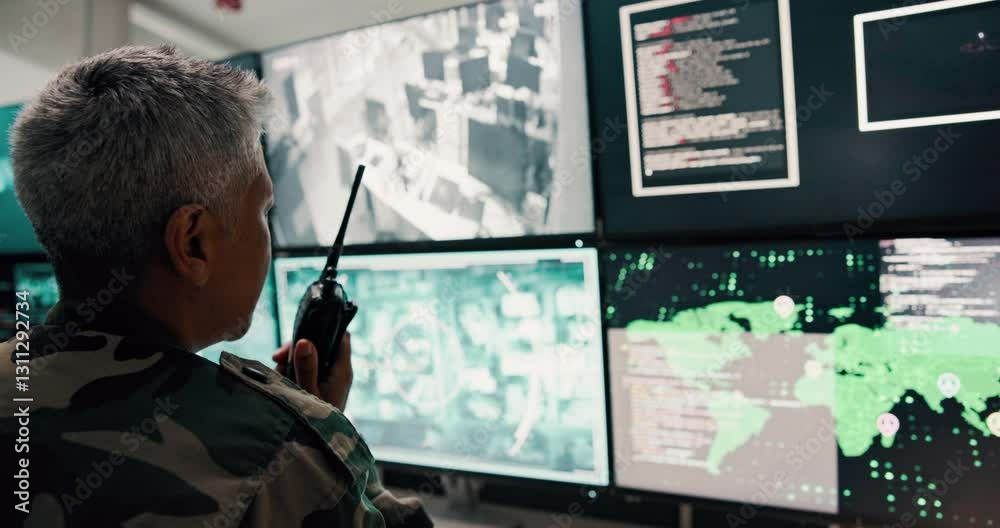 Poster woman, talk and radio with computer screen for security video, military air control and monitor war.