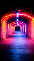 Glowing tunnel pathway ahead, interior space, dark background, vibrant colors