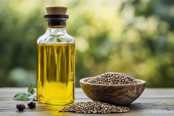 Discovering the richness of rapeseed oil and seeds on a rustic wooden table in a serene outdoor setting. Generative AI