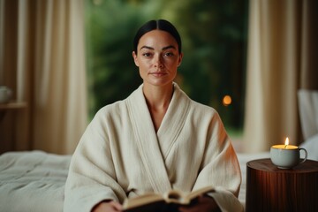 Relaxing atmosphere with woman reading in cozy robe, candlelight