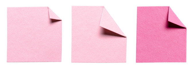 Collection set of isolated cut out blank pink paper notes with folded corner dog-ear earmark and copy space for text, transparent png background design elements