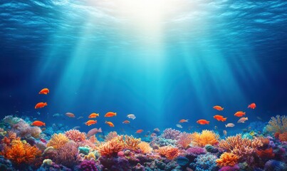 Fototapeta na wymiar Sunlight pierces ocean, illuminating vibrant coral reef and colorful fish