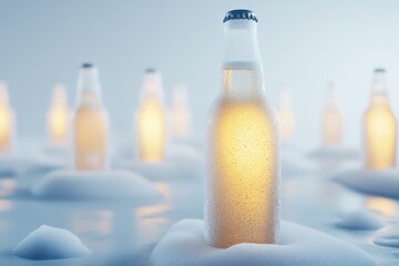 A premium advertisement-style render, frosty beer bottles glowing under soft lighting, ultra-clean aesthetics, white backdrop