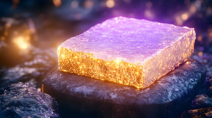 Gold brick shines atop dark rock in a blurred, dreamy, colorful background